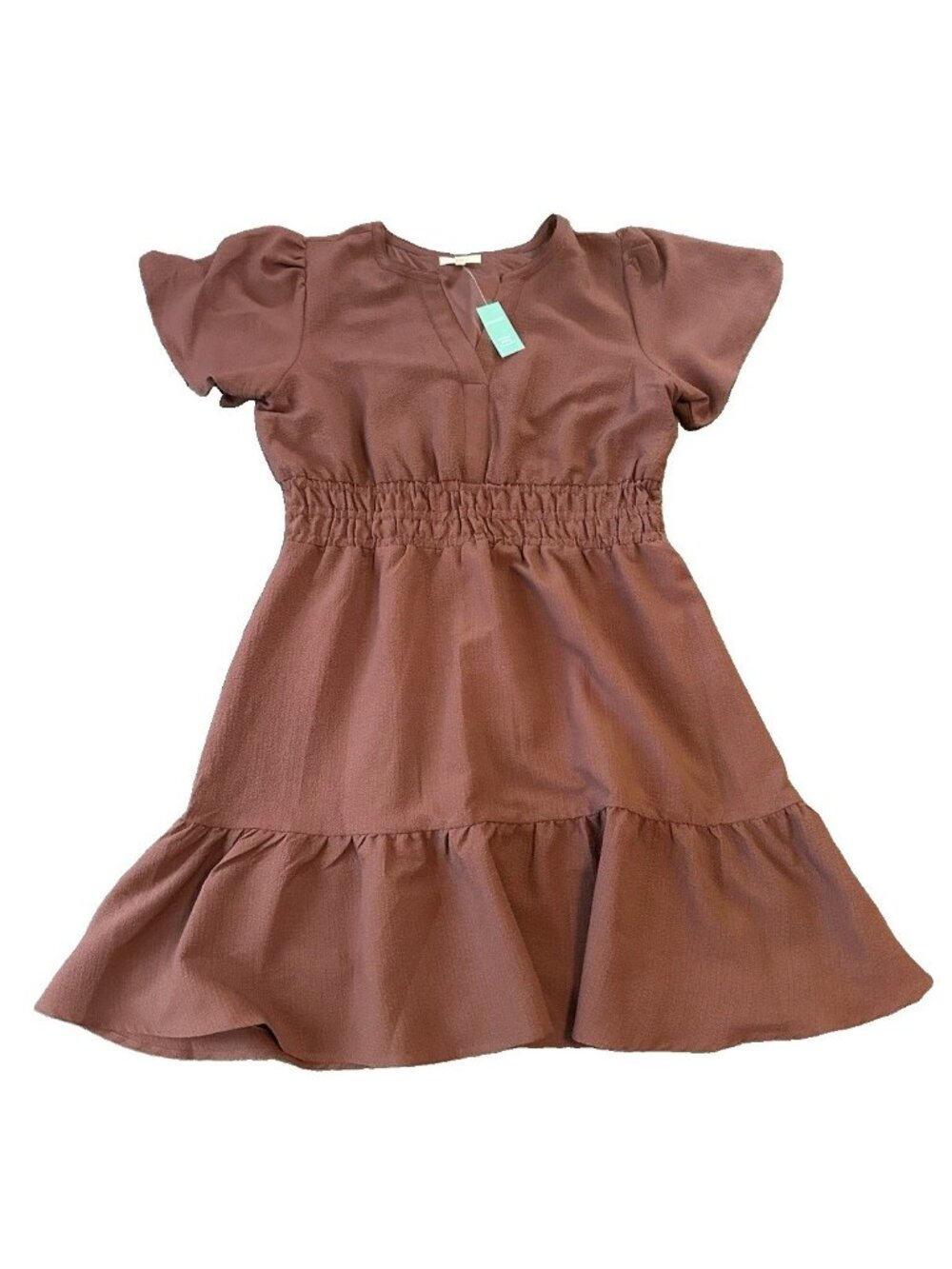 NWT Maurices Mauve Puff Sleeve Smocked‎ Waist Dress L Tiered Babydoll Fairy Boho